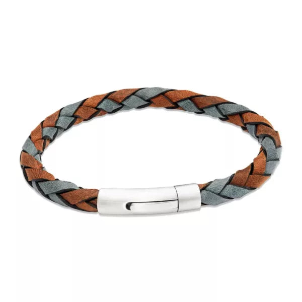 Unique Brown & Navy Leather Bracelet With Steel Clasp