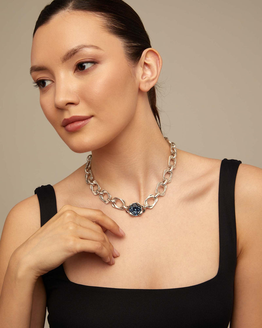 Silver Plated Chunky Link Necklace & Blue Crystal Necklace