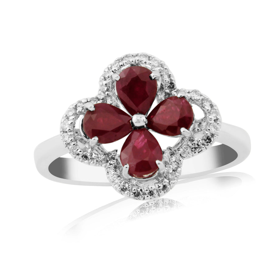 9ct White Gold Ruby & Diamond Flower Cluster Ring