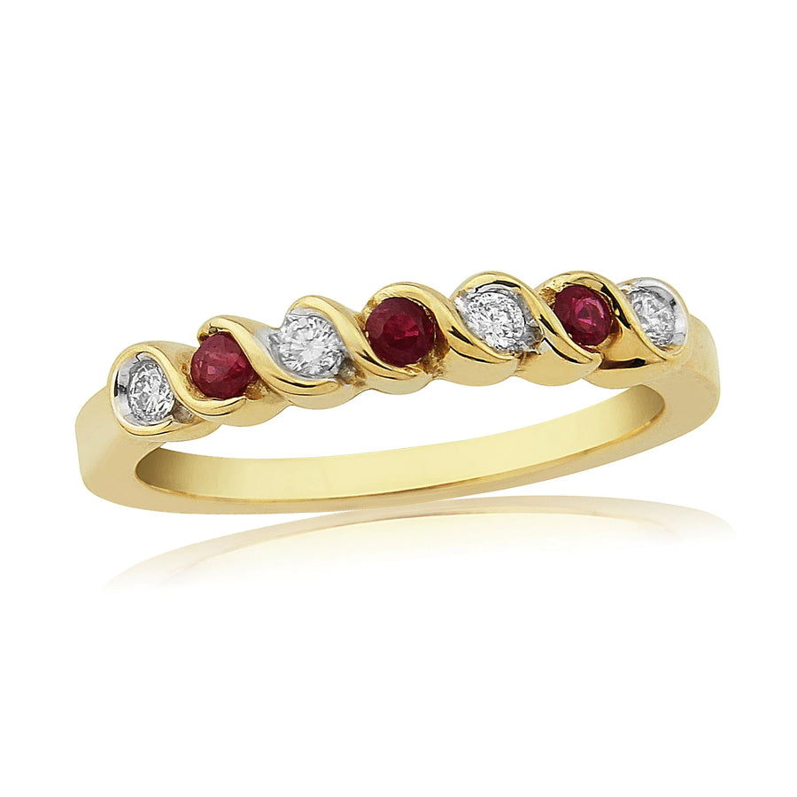 9ct Yellow Gold Ruby & 0.11ct Diamond Half Eternity Ring