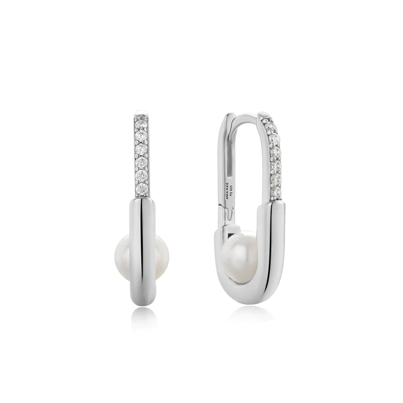 Ania Haie Sterling Silver CZ & Pearl Oval Hoop Earrings