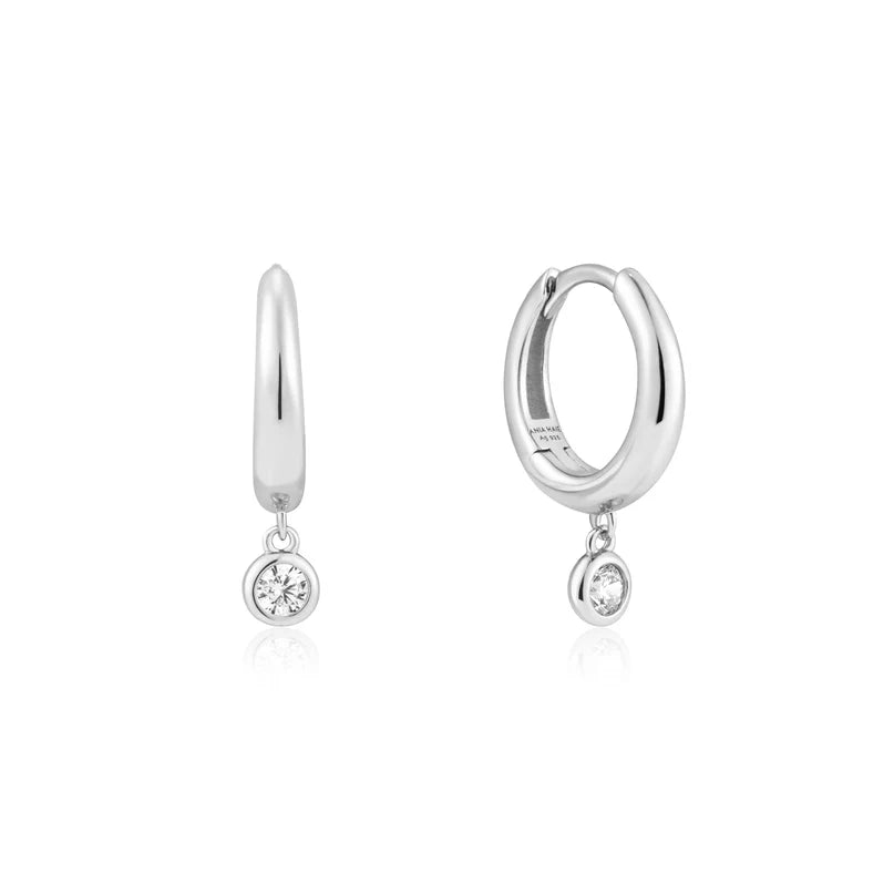 Ania Haie Sterling Silver Round CZ Drop Huggie Hoop Earrings