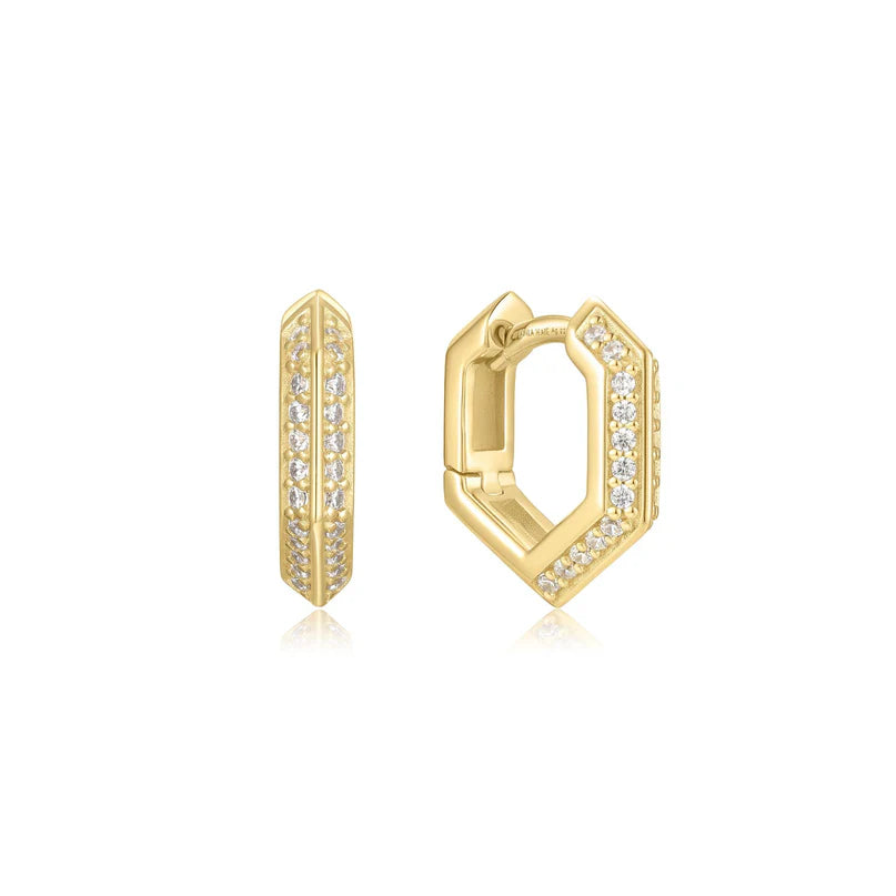 Ania Haie Gold Plated CZ Bevelled Huggie Hoop Earrings