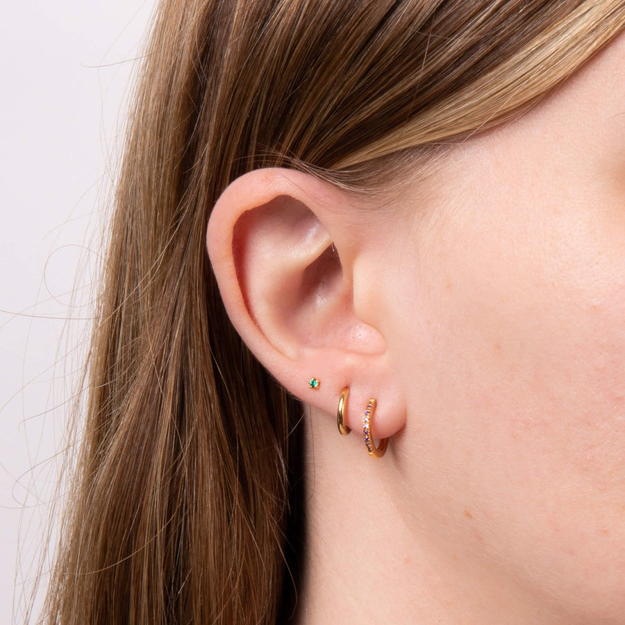 Gold Plated Round Green CZ Mini Stud Earrings