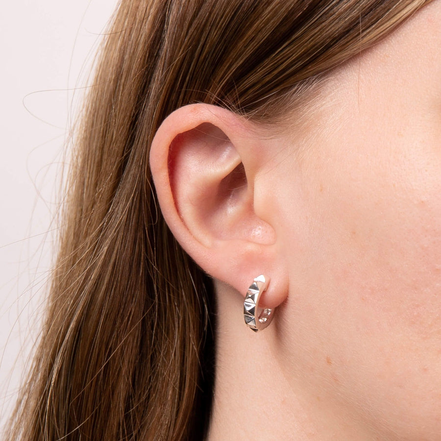Sterling Silver Pyramid Textured Hoop Earrings