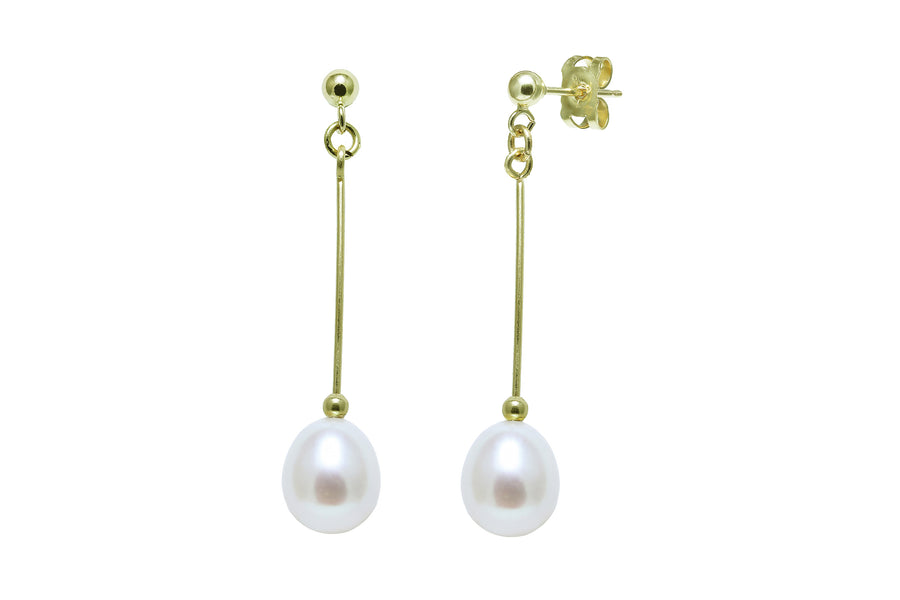 9ct Yellow Gold White Freshwater Pearl Bar Drop Earrings