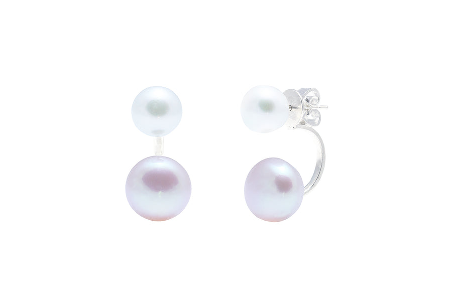 Sterling Silver White and Pink C-Shape Freshwater Pearl Stud Earrings