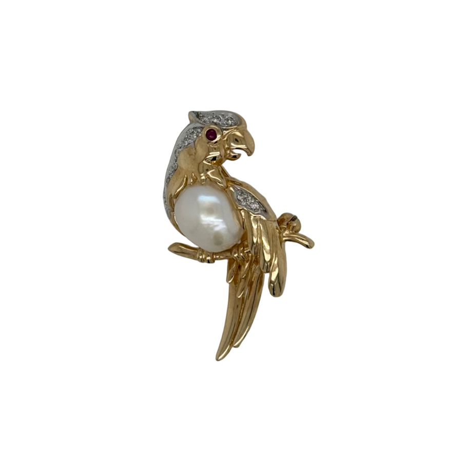 Previously Owned 14ct Yellow Gold Pearl, Diamond & Ruby Bird Brooch