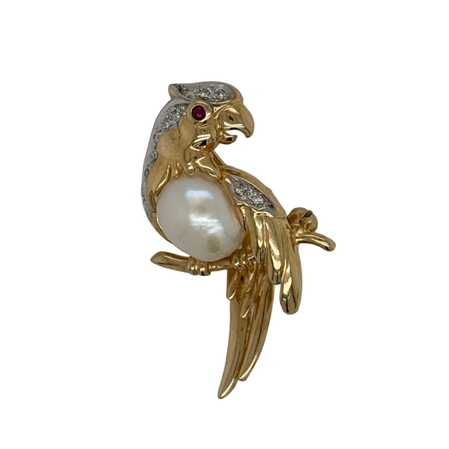Previously Owned 14ct Yellow Gold Pearl, Diamond & Ruby Bird Brooch