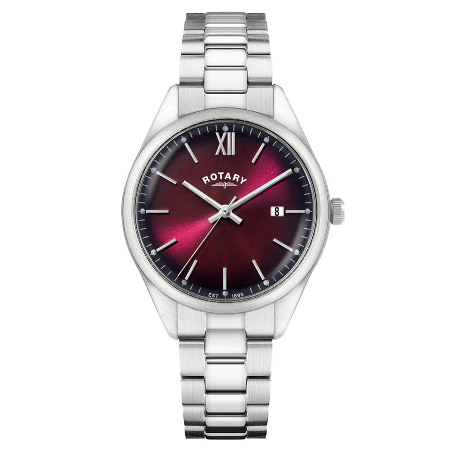 Rotary Steel Gents Red Ombre Dial & Date Window Bracelet Watch