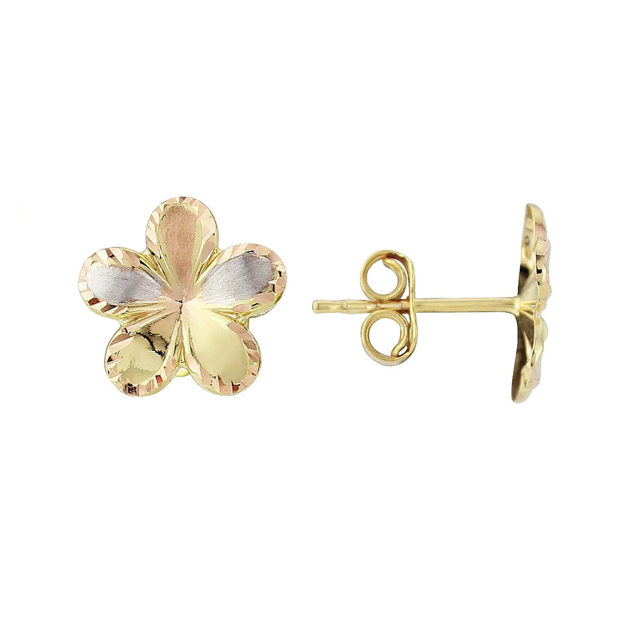 9ct 3 Colour Gold Diamond Cut Flower Stud Earrings