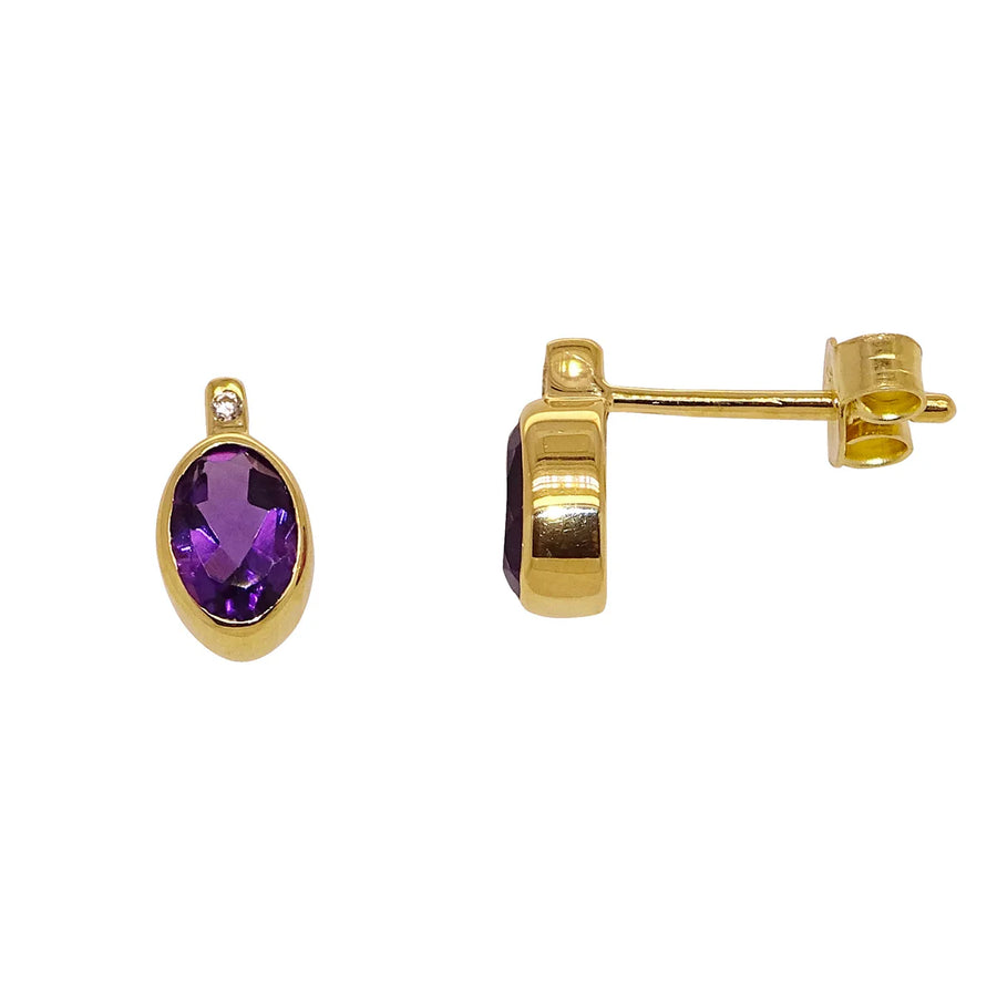 9ct Yellow Gold 6mm Oval Amethyst & CZ Stud Earrings
