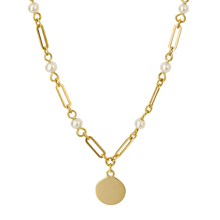 9ct Yellow Gold Pearl Link & Disk Drop Necklace
