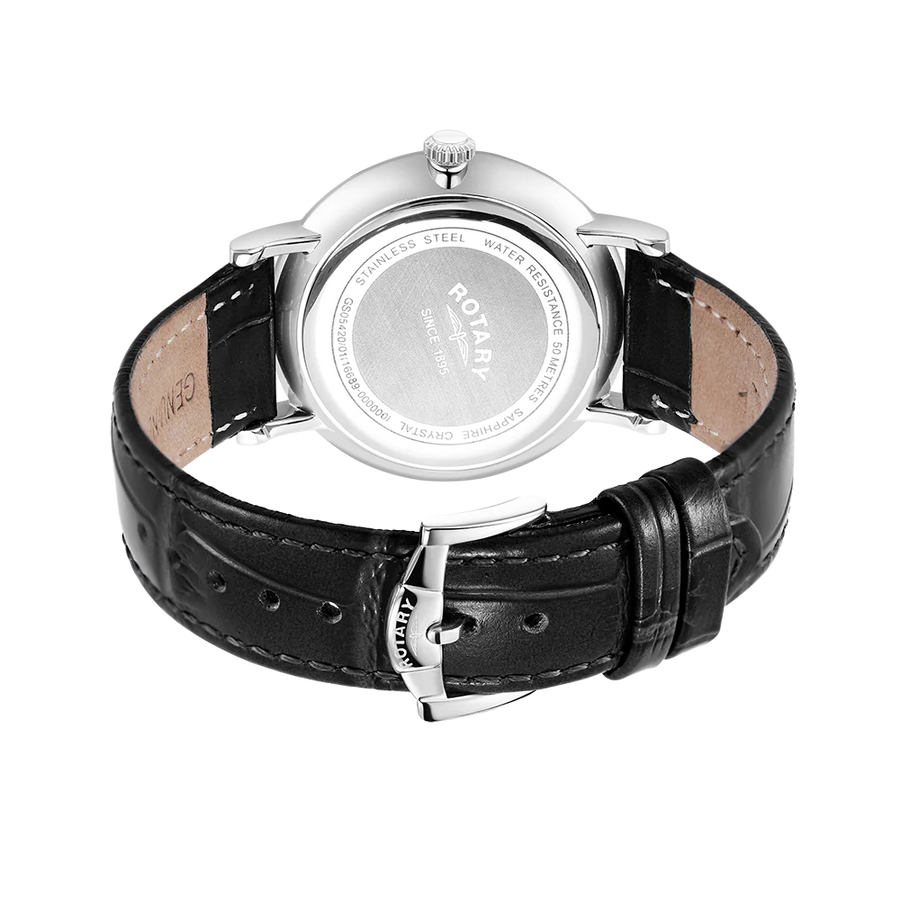Rotary Gents Stainless Steel Day/Date Black Leather Strap Watch