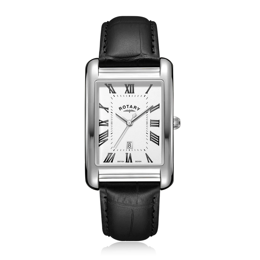 Rotary Gents Steel Rectangular Black Leather Watch