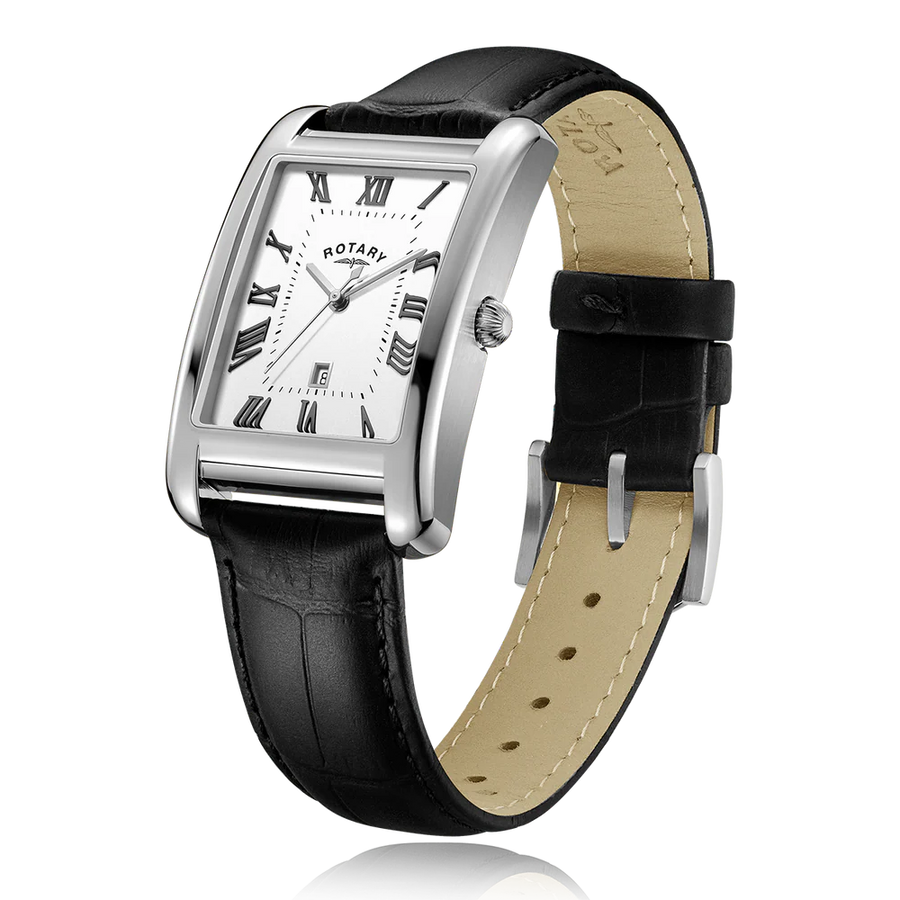 Rotary Gents Steel Rectangular Black Leather Watch