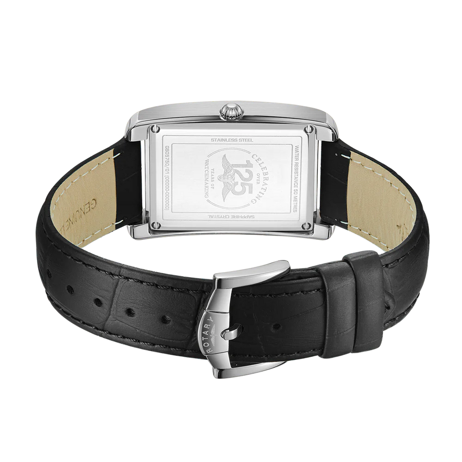 Rotary Gents Steel Rectangular Black Leather Watch