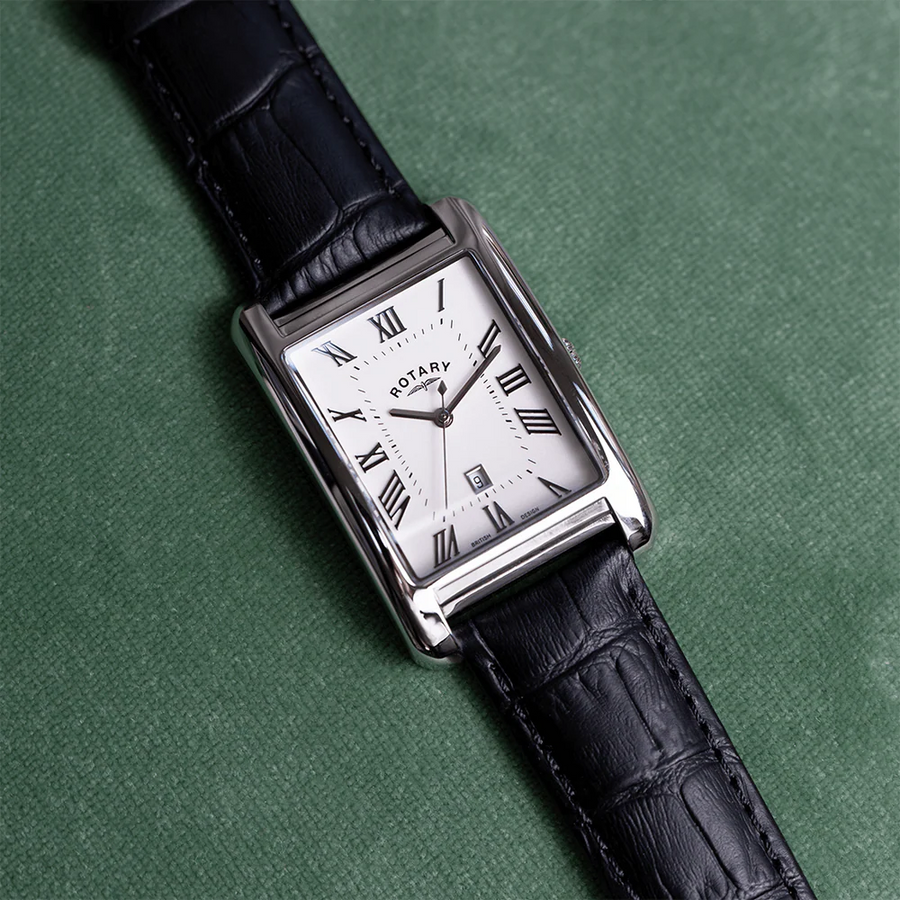 Rotary Gents Steel Rectangular Black Leather Watch