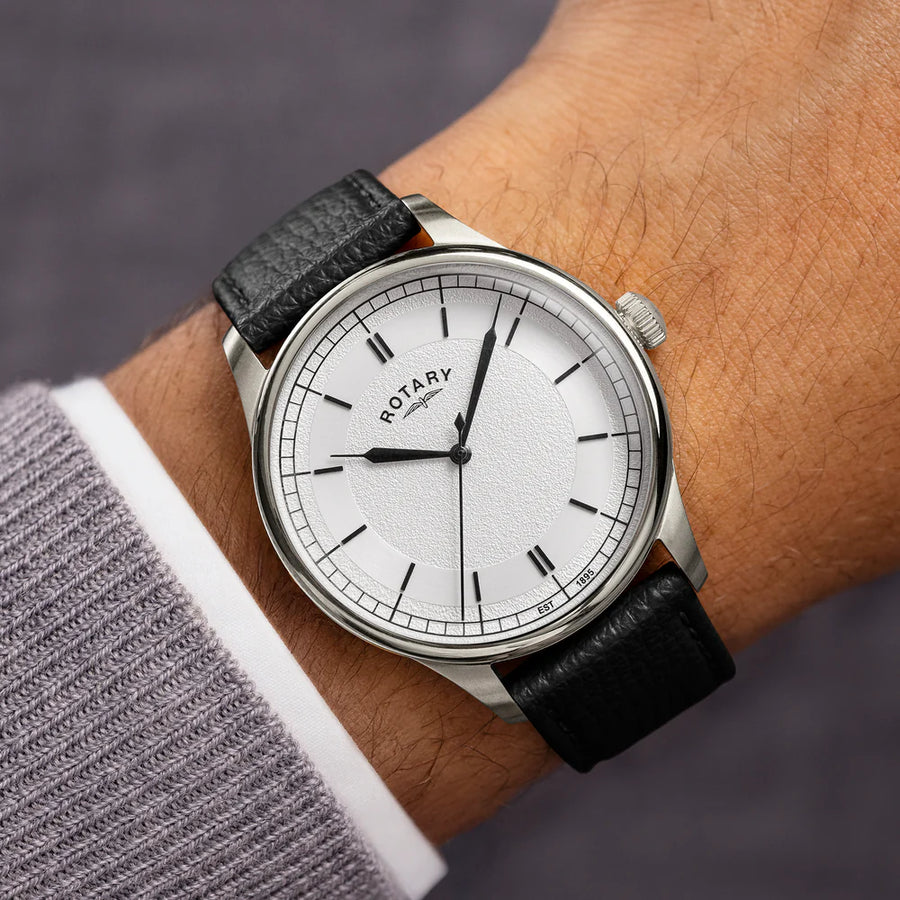 Rotary Steel Gents Heritage Black Leather Strap Watch