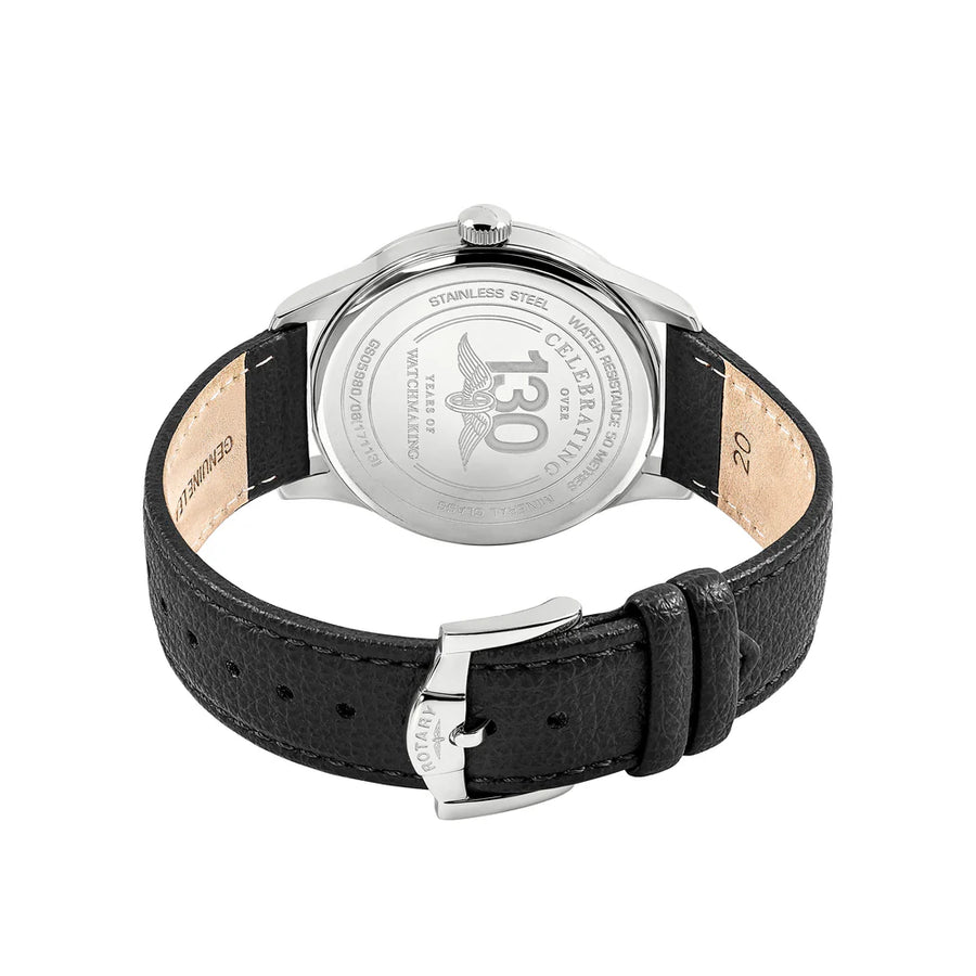 Rotary Steel Gents Heritage Black Leather Strap Watch