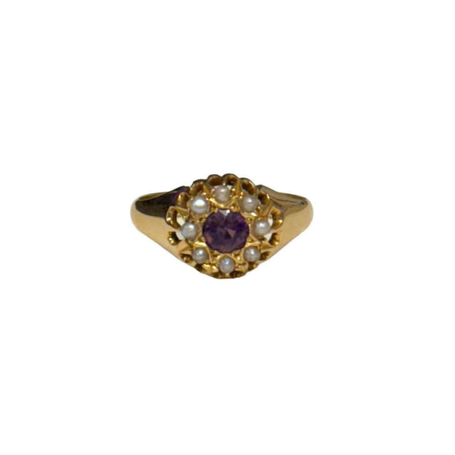 Previously Owned 18ct Amethyst & Seed Pearl Cluster Ring