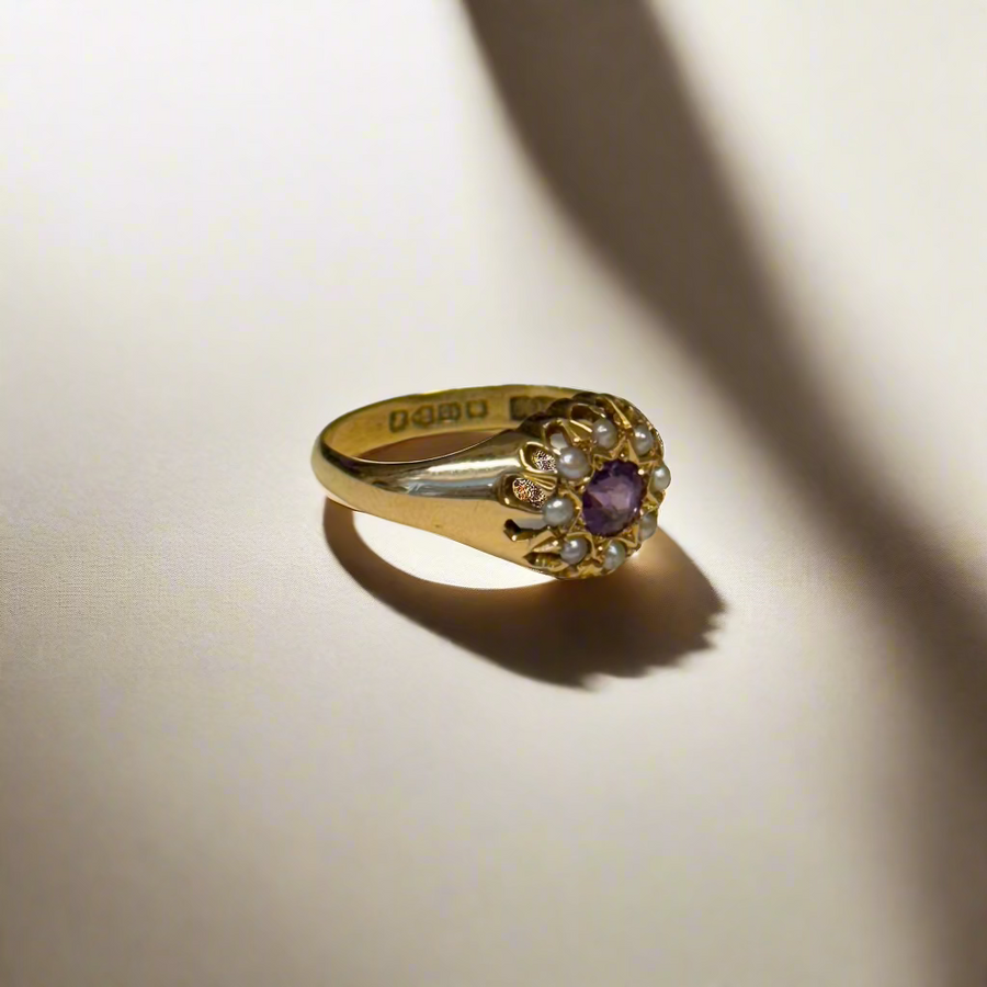 Previously Owned 18ct Amethyst & Seed Pearl Cluster Ring