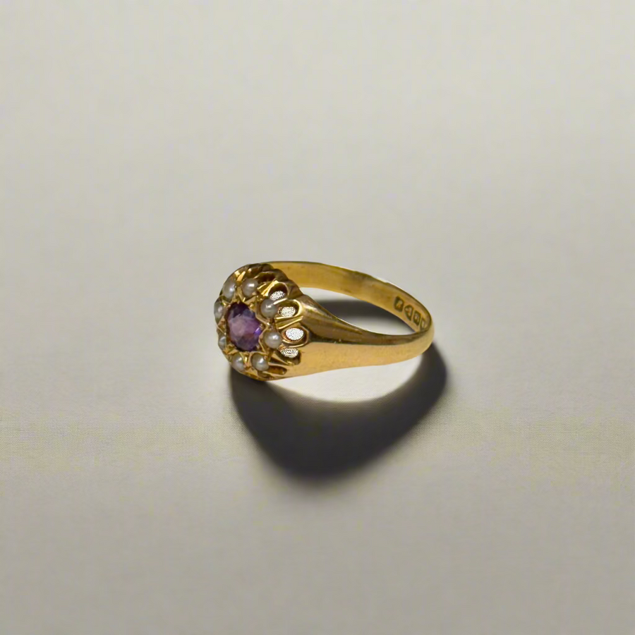 Previously Owned 18ct Amethyst & Seed Pearl Cluster Ring