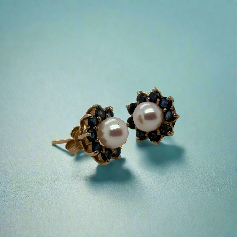 9ct Yellow Gold Sapphire & Pearl Cluster Stud Earrings