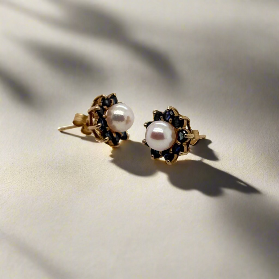 9ct Yellow Gold Sapphire & Pearl Cluster Stud Earrings