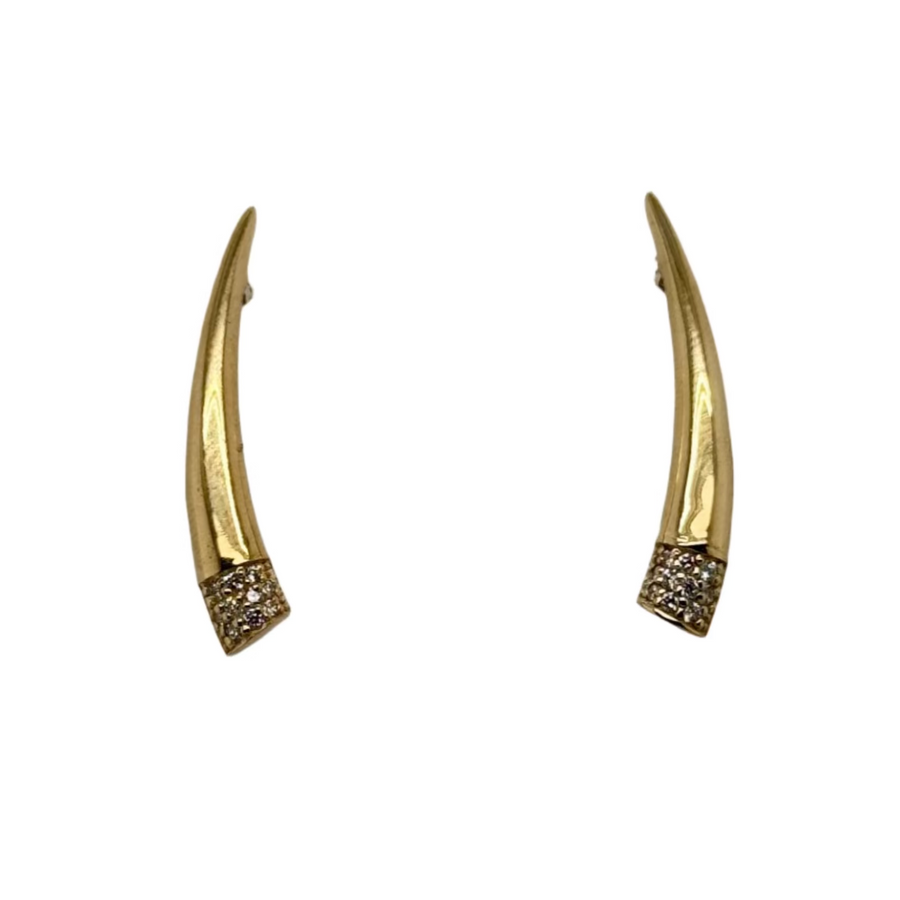 Gold-tipped earrings on a white card with gray borders
