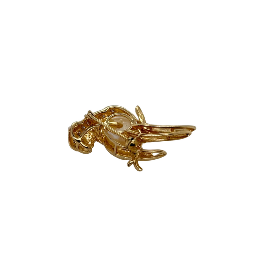 Previously Owned 14ct Yellow Gold Pearl, Diamond & Ruby Bird Brooch