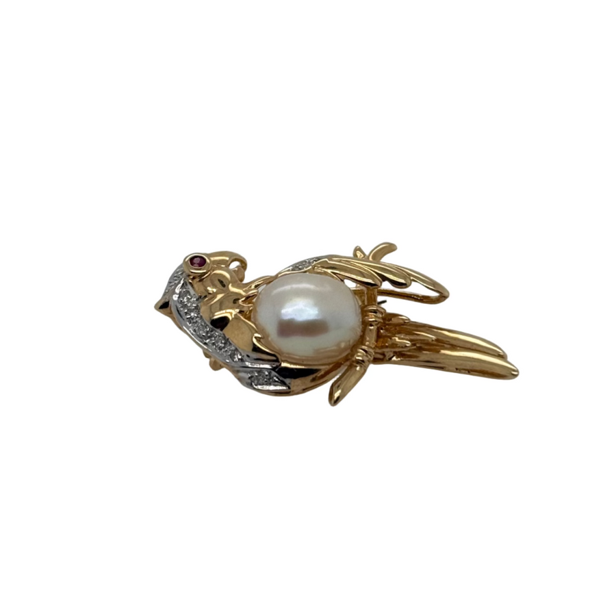 Previously Owned 14ct Yellow Gold Pearl, Diamond & Ruby Bird Brooch