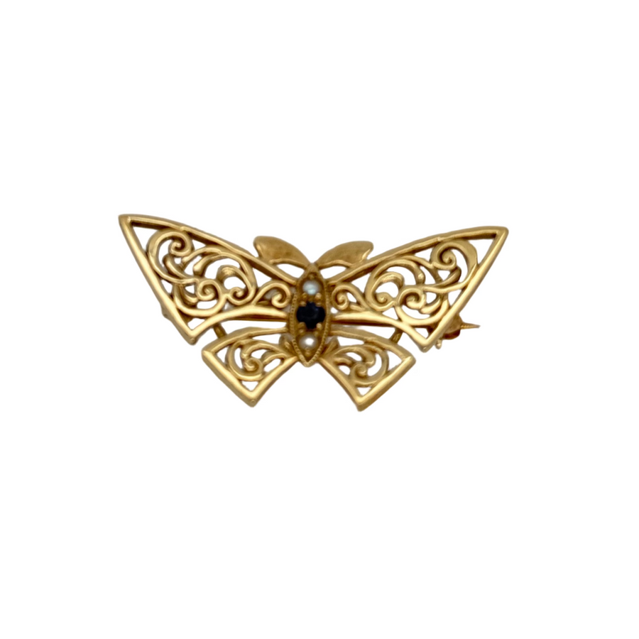 Previously Owned 9ct Yellow Gold Sapphire & Seed Pearl Butterfly Brooch