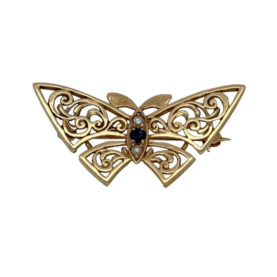 Previously Owned 9ct Yellow Gold Sapphire & Seed Pearl Butterfly Brooch