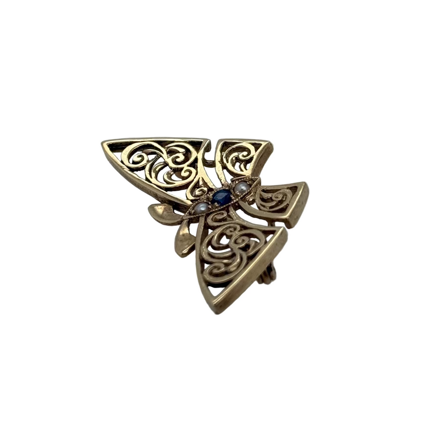Previously Owned 9ct Yellow Gold Sapphire & Seed Pearl Butterfly Brooch