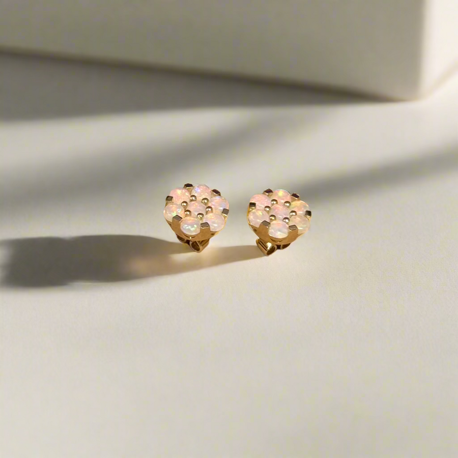 9ct Yellow Gold Opal Flower Cluster Stud Earrings