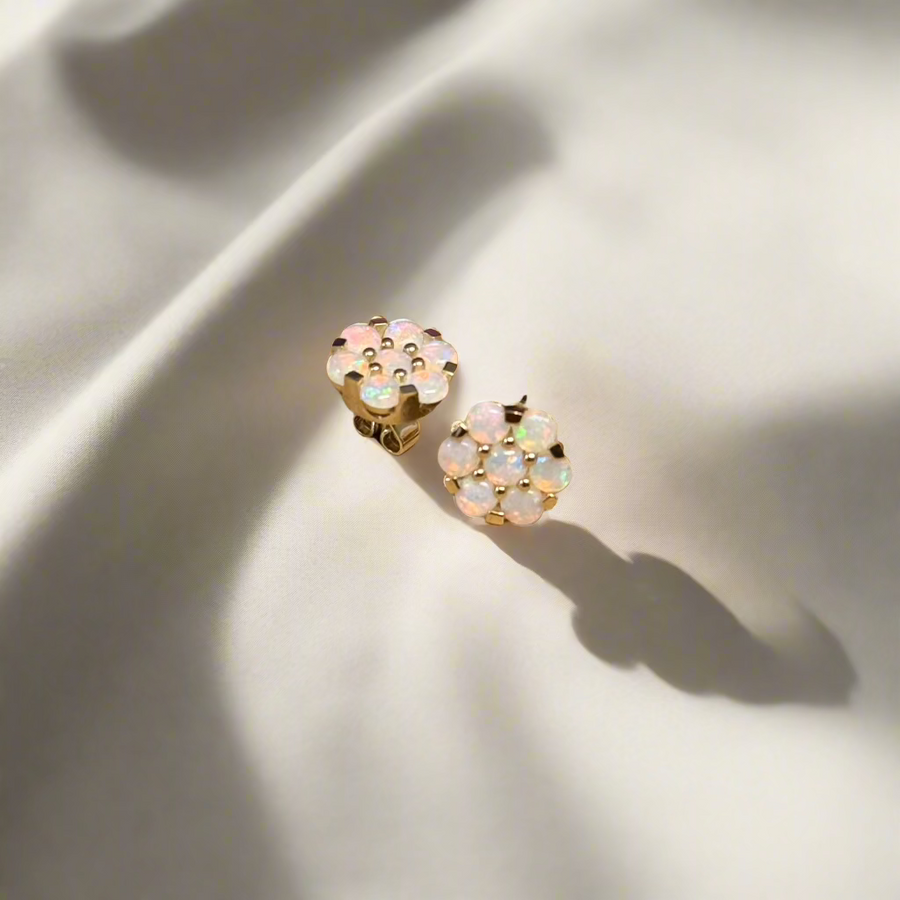 9ct Yellow Gold Opal Flower Cluster Stud Earrings