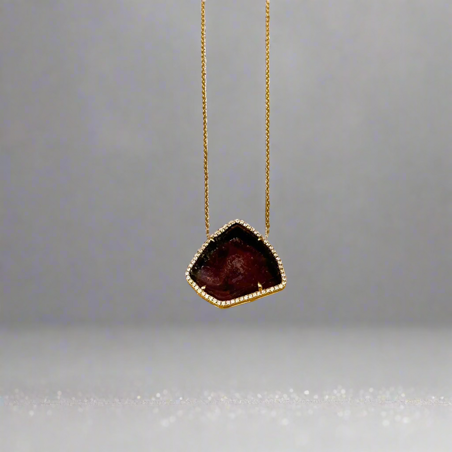 18ct Yellow Gold Watermelon Tourmaline & 0.24ct Diamond Surround Necklace