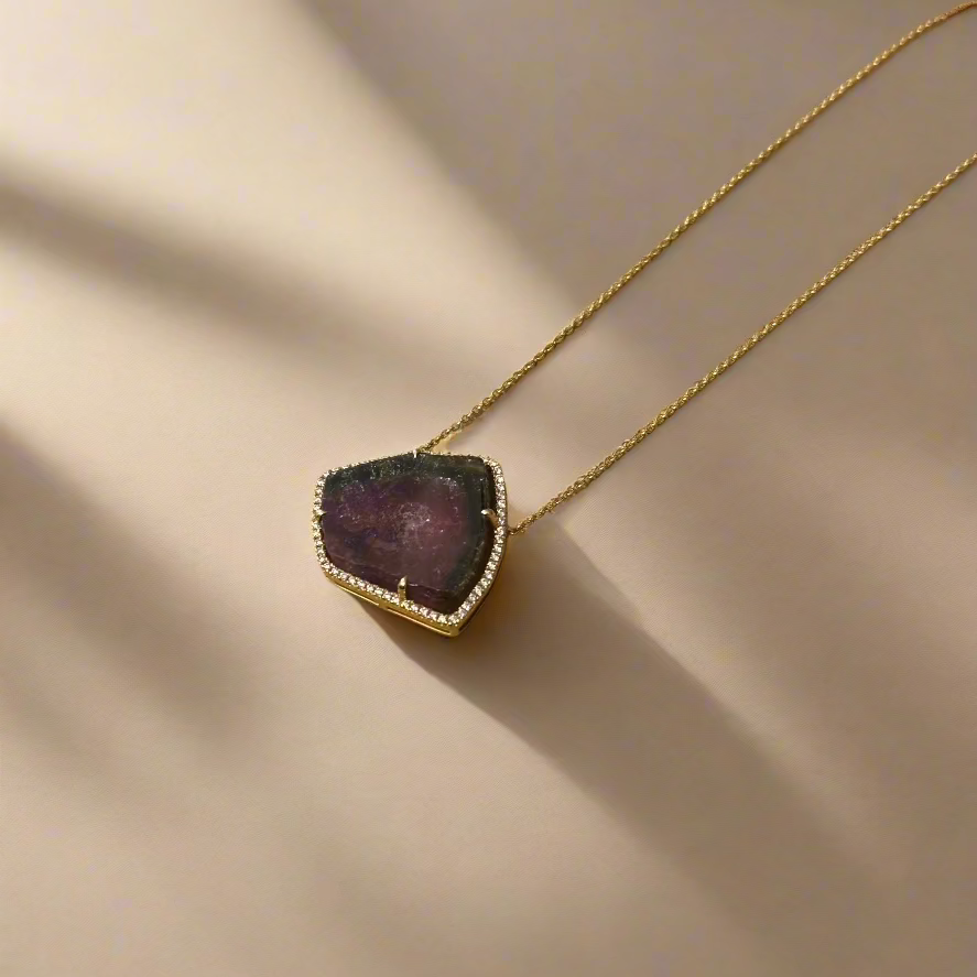 18ct Yellow Gold Watermelon Tourmaline & 0.24ct Diamond Surround Necklace