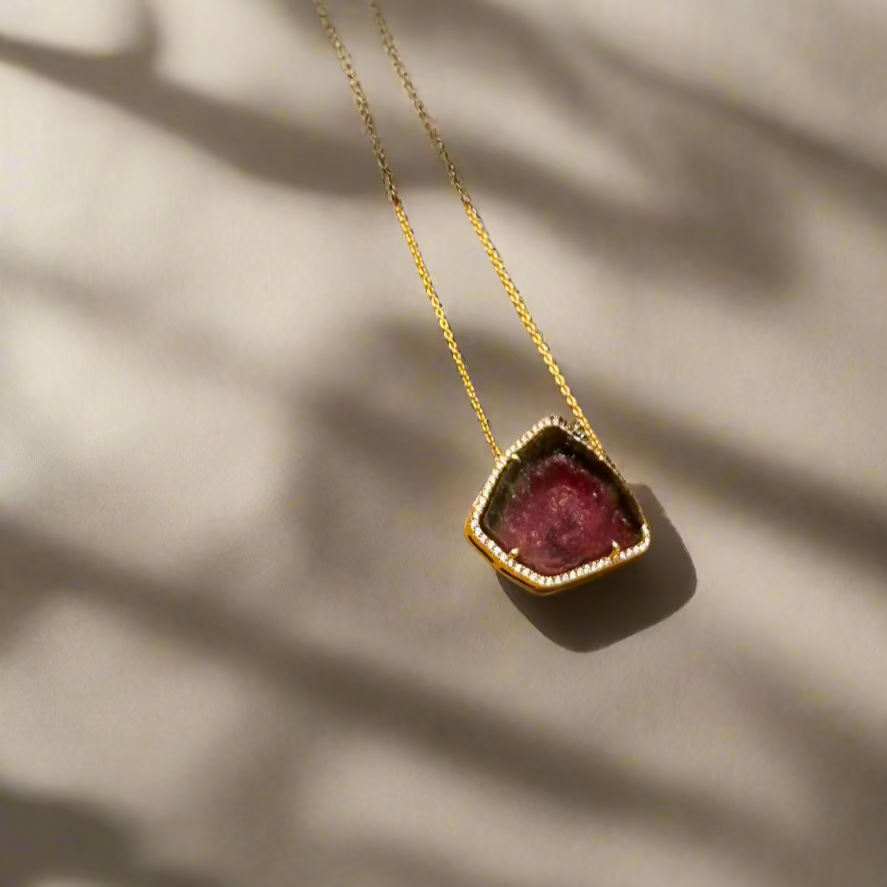 18ct Yellow Gold Watermelon Tourmaline & 0.24ct Diamond Surround Necklace