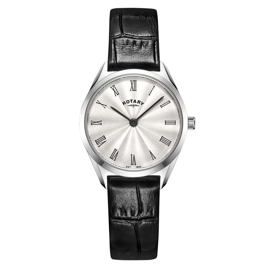 Rotary Ladies Steel Ultra Slim Black Leather Strap Watch