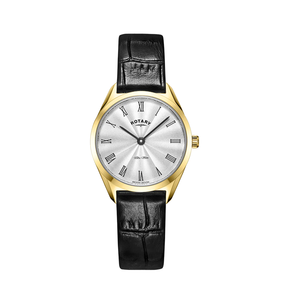 Rotary Ladies Gold Plated Ultra Slim Leather Strap Watch