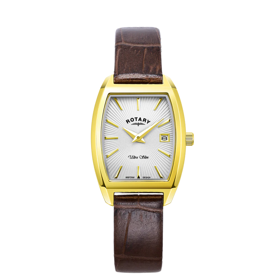 Rotary Gents Yellow Gold Plated Ultra Slim Brown Leather Watch
