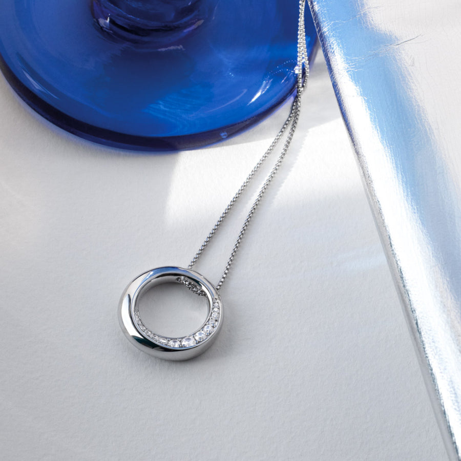 Kit Heath Sterling Silver Bevel CZ Pave Circle  Necklace