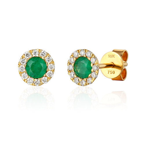 18ct Yellow Gold Emerald and Diamond Cluster Stud Earrings