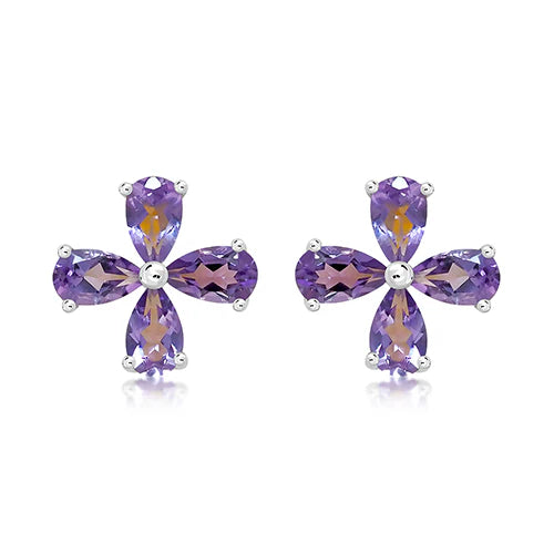 Unique Ladies Silver Amethyst Flower Stud Earrings