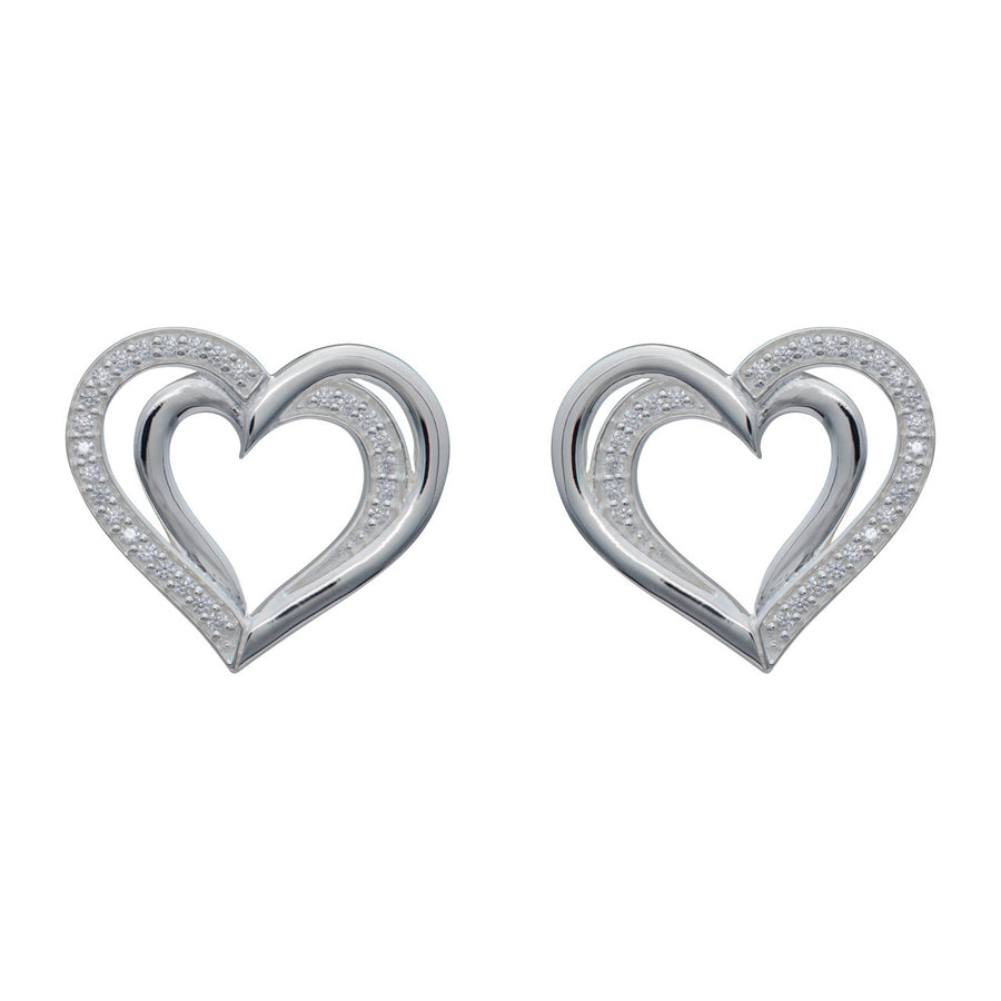 Unique Ladies Sterling Silver CZ Double Open Heart Stud Earrings
