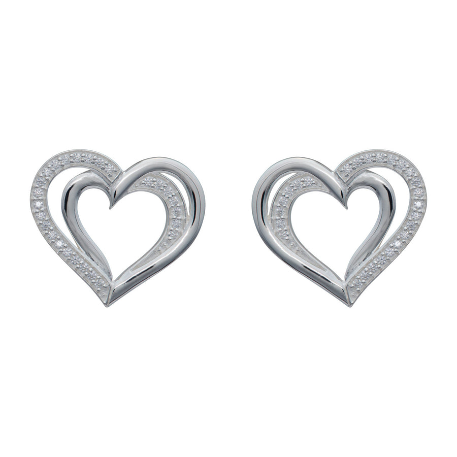Unique Ladies Sterling Silver CZ Double Open Heart Stud Earrings