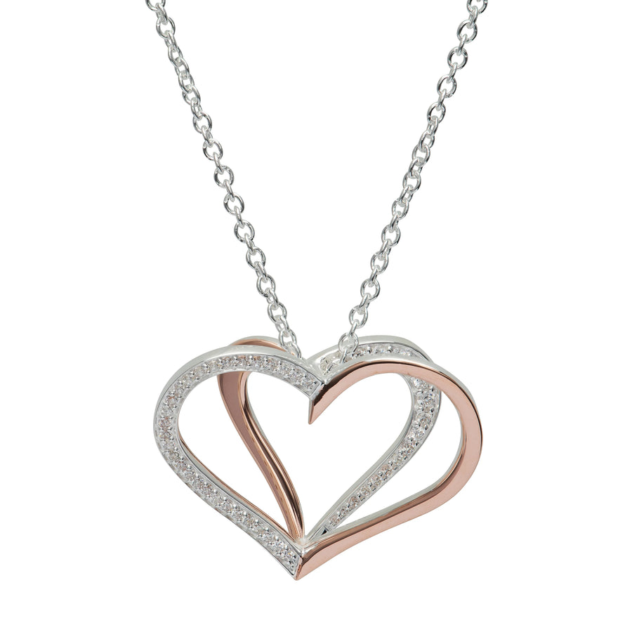 Unique Ladies Silver & Rose Gold Plated 3D Heart CZ Necklace