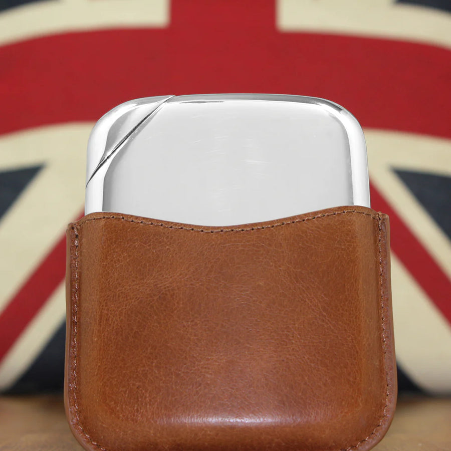 English Pewter Company Novus Flask With Leather Pouch